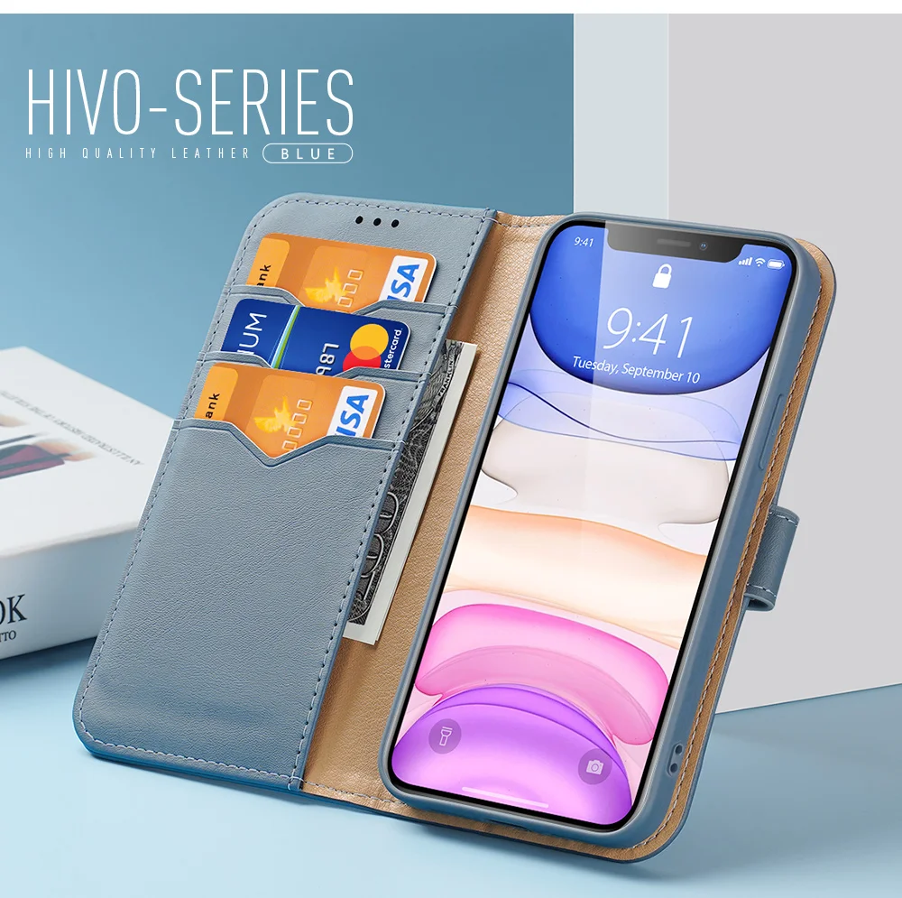 DUX DUCIS Hivo Series Split Leather Wallet Adjustable Stand Cover Flip Case for iPhone 11 - Blue-Cellmalls