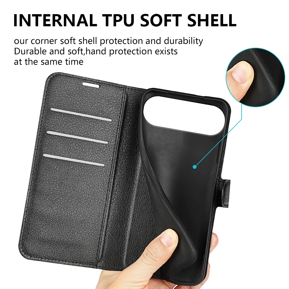 For iPhone 17 Air Case Litchi Texture Shockproof Leather Wallet Phone Cover - Black-Cellmalls