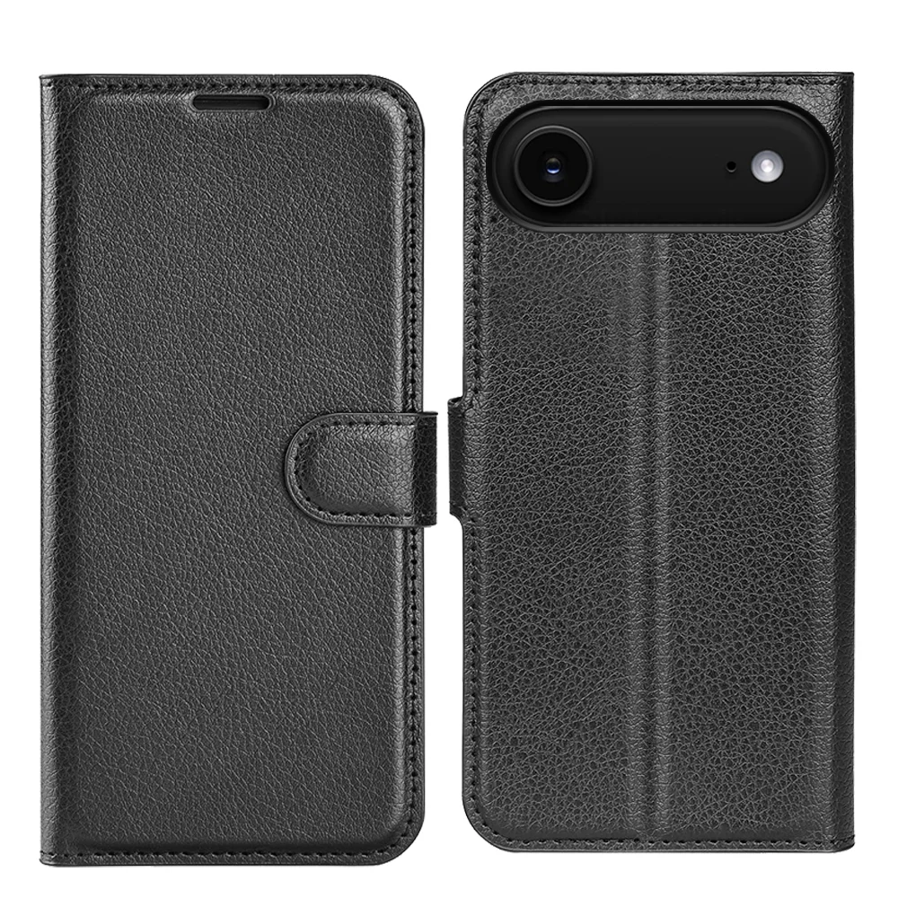 For iPhone 17 Air Case Litchi Texture Shockproof Leather Wallet Phone Cover - Black-Cellmalls