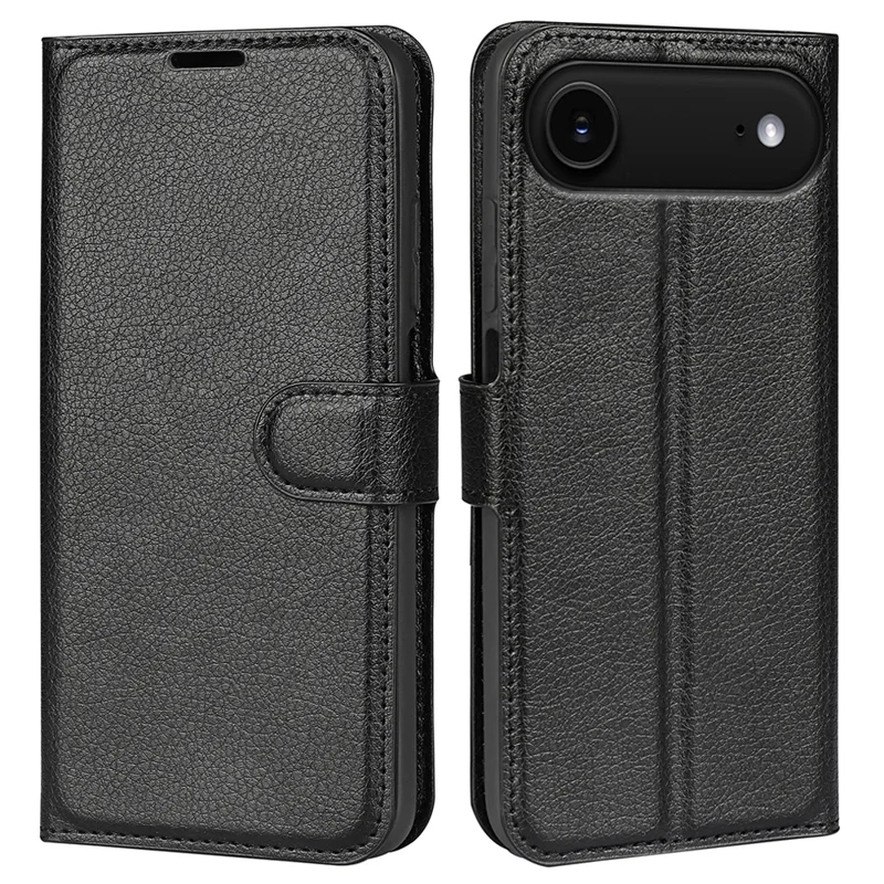 For iPhone 17 Air Case Litchi Texture Shockproof Leather Wallet Phone Cover - Black-Cellmalls