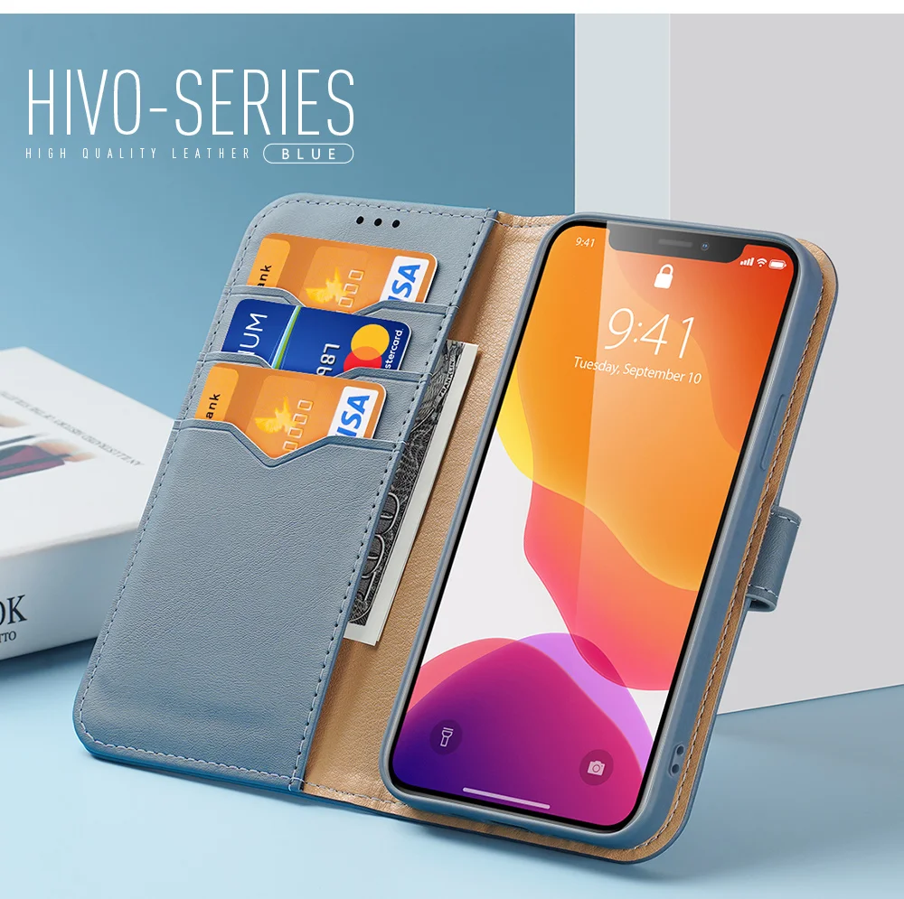DUX DUCIS Hivo Series Split Leather Phone Wallet Stand Cover Flip Case for iPhone 11 Pro - Blue-Cellmalls
