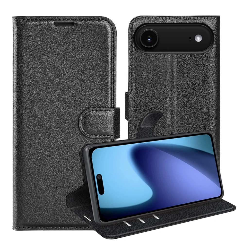 For iPhone 17 Air Case Litchi Texture Shockproof Leather Wallet Phone Cover - Black-Cellmalls