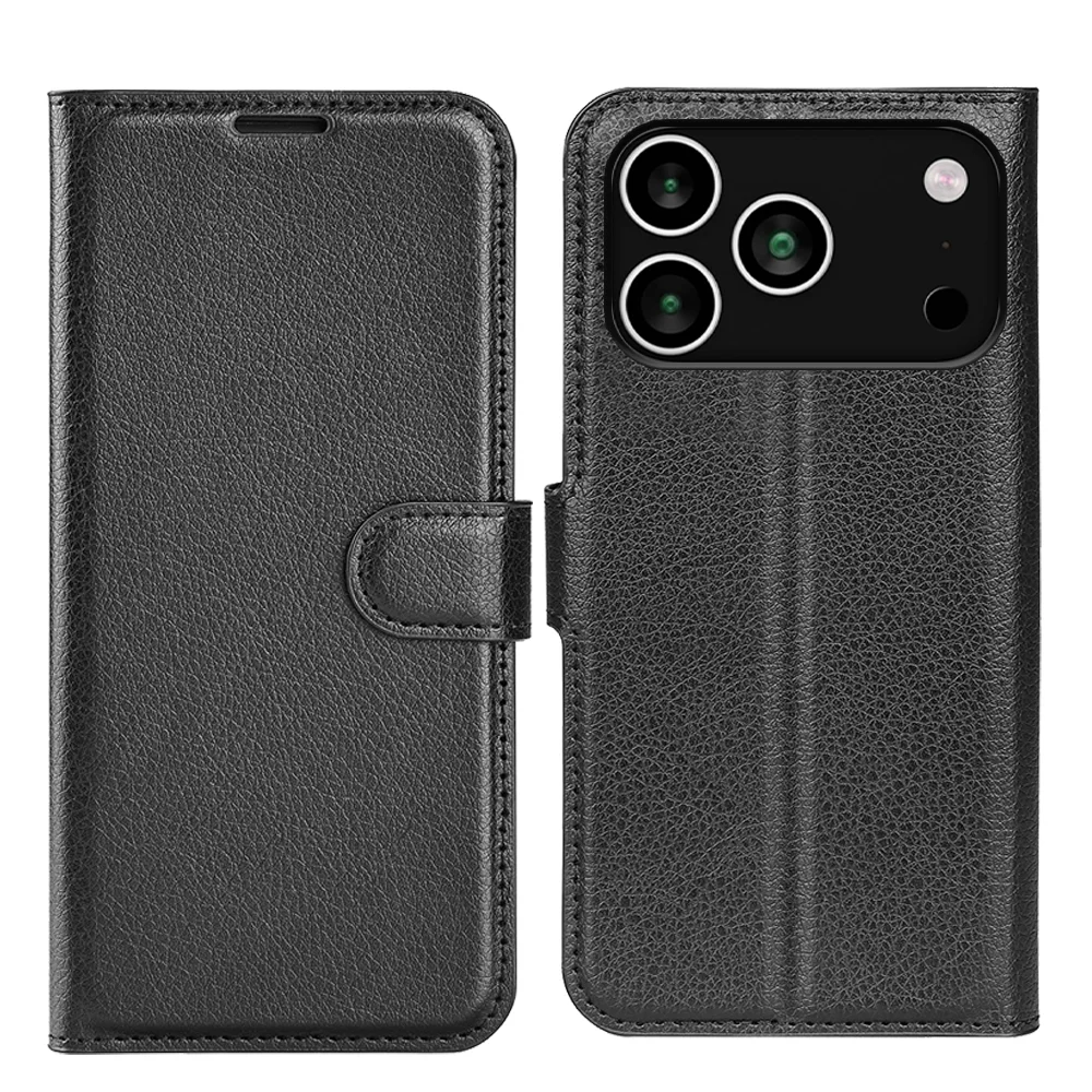 For iPhone 17 Pro Case Litchi Texture Shockproof Leather Wallet Phone Cover - Black-Cellmalls