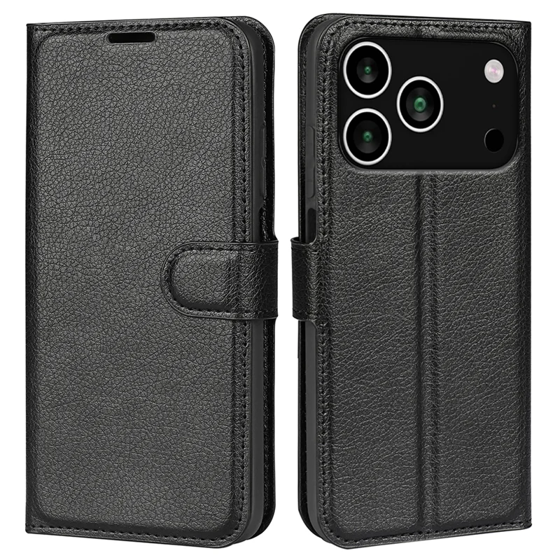For iPhone 17 Pro Case Litchi Texture Shockproof Leather Wallet Phone Cover - Black-Cellmalls
