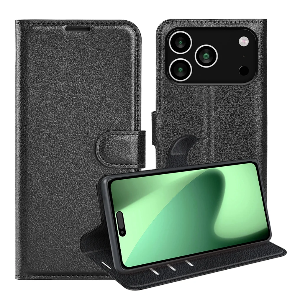 For iPhone 17 Pro Max Case Litchi Texture Shockproof Leather Wallet Phone Cover - Black-Cellmalls