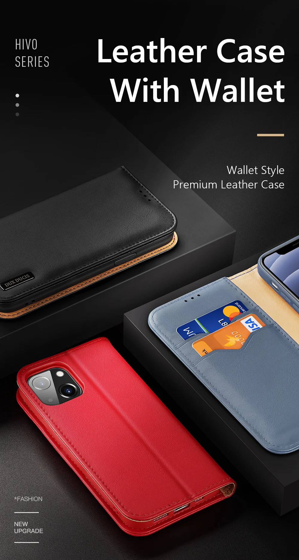 DUX DUCIS Hivo Series Split Leather Wallet Stand Design RFID Blocking Anti-theft Phone Case for iPhone 13 6.1 inch - Black-Cellmalls