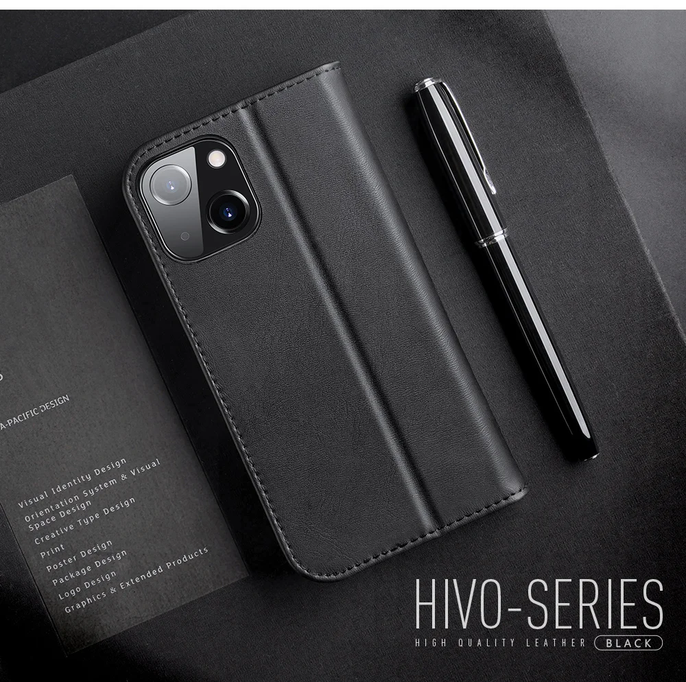 DUX DUCIS Hivo Series Split Leather Wallet Stand Design RFID Blocking Anti-theft Phone Case for iPhone 13 6.1 inch - Black-Cellmalls