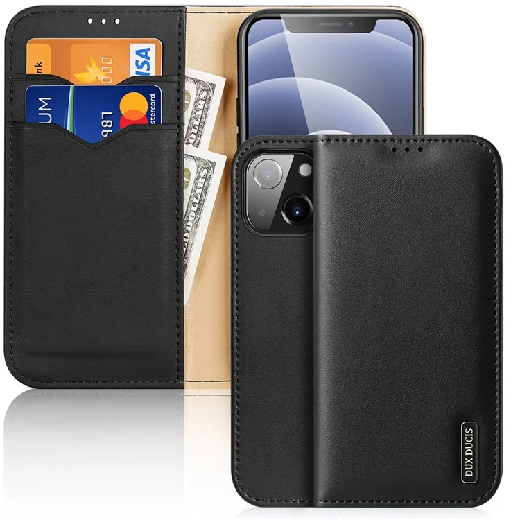 DUX DUCIS Hivo Series Split Leather Wallet Stand Design RFID Blocking Anti-theft Phone Case for iPhone 13 6.1 inch - Black-Cellmalls