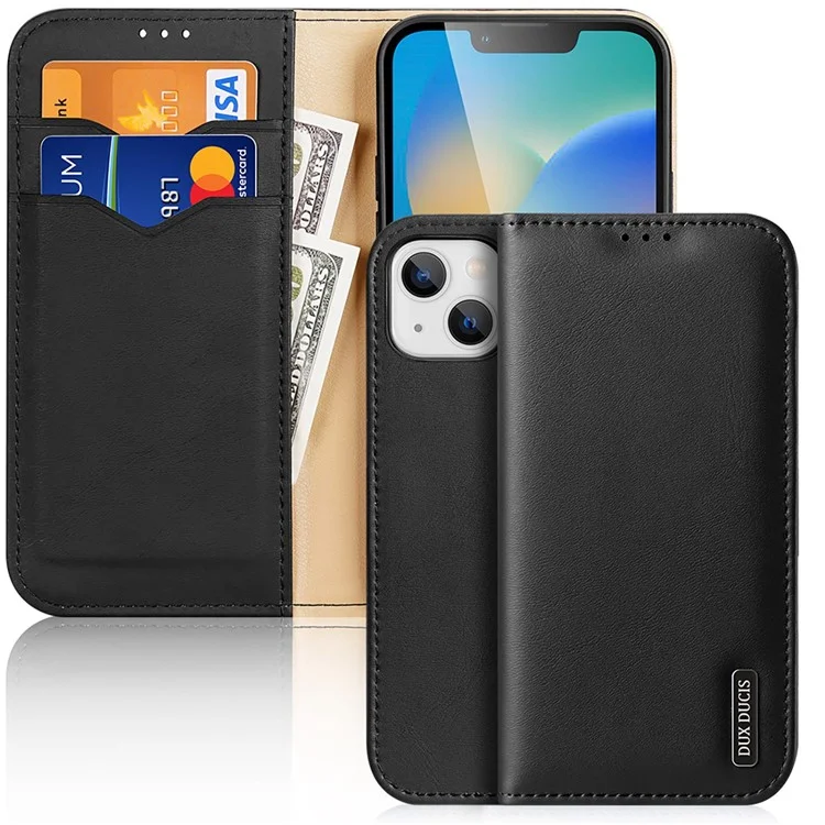 DUX DUCIS Hivo Series for iPhone 14 Plus Magnetic Closure Phone Wallet Case RFID Blocking Genuine Leather Anti-scratch Folio Flip Cover Stand - Black-Cellmalls
