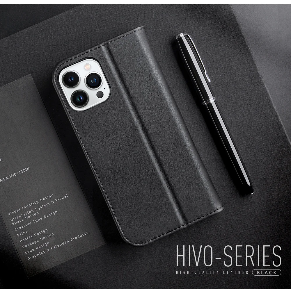 DUX DUCIS Hivo Series for iPhone 15 Pro Max RFID Blocking Wallet Case Cowhide Leather Stand Phone Cover - Black-Cellmalls