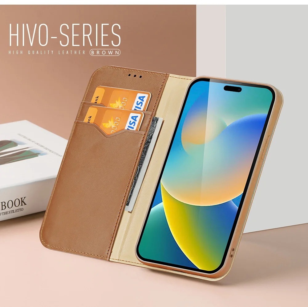 DUX DUCIS Hivo Series for iPhone 14 Pro Max Drop-proof Magnetic Closure Phone Case RFID Blocking Genuine Leather Folio Flip Wallet Cover Stand - Black-Cellmalls