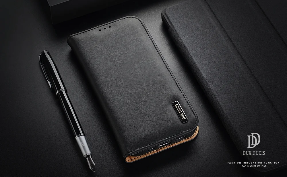 DUX DUCIS Hivo Series Phone Case for iPhone 14 Pro Full Protection Genuine Leather Folio Flip Wallet Cover Stand RFID Blocking Shell - Black-Cellmalls