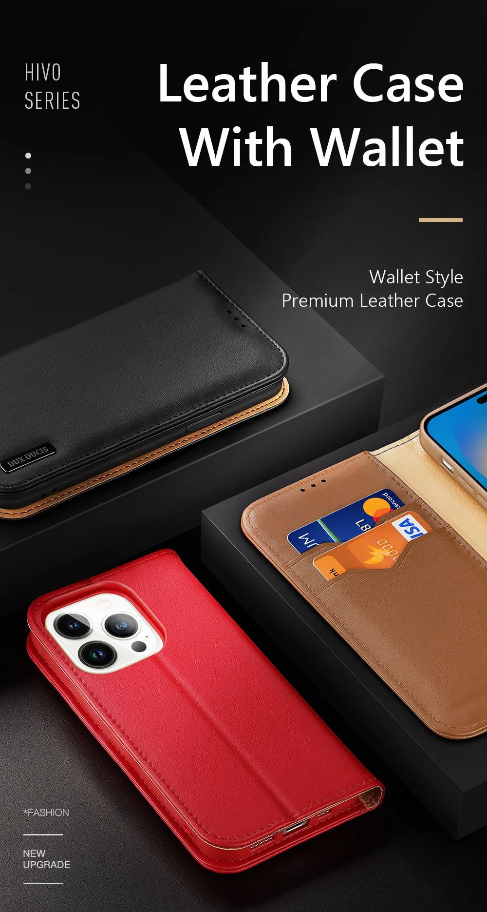 DUX DUCIS Hivo Series for iPhone 14 Pro Max Drop-proof Magnetic Closure Phone Case RFID Blocking Genuine Leather Folio Flip Wallet Cover Stand - Black-Cellmalls