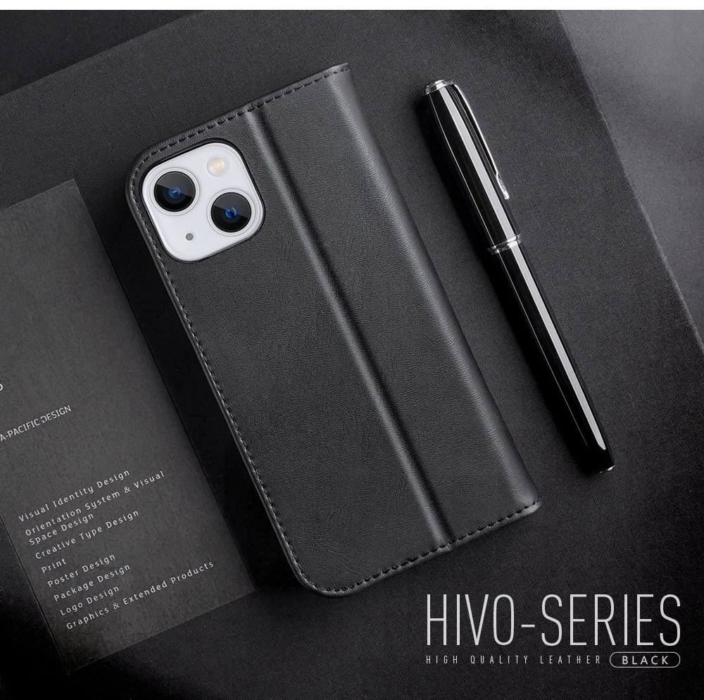 DUX DUCIS Hivo Series for iPhone 14 Shockproof Phone Wallet Case RFID Blocking Design Genuine Leather Folio Flip Cover Stand - Black-Cellmalls