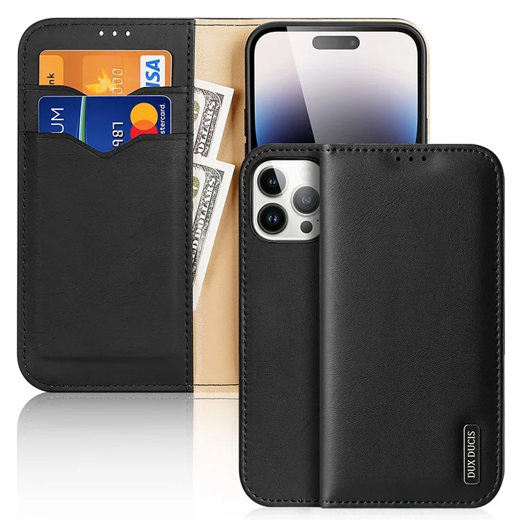 DUX DUCIS Hivo Series for iPhone 15 Pro Max RFID Blocking Wallet Case Cowhide Leather Stand Phone Cover - Black-Cellmalls