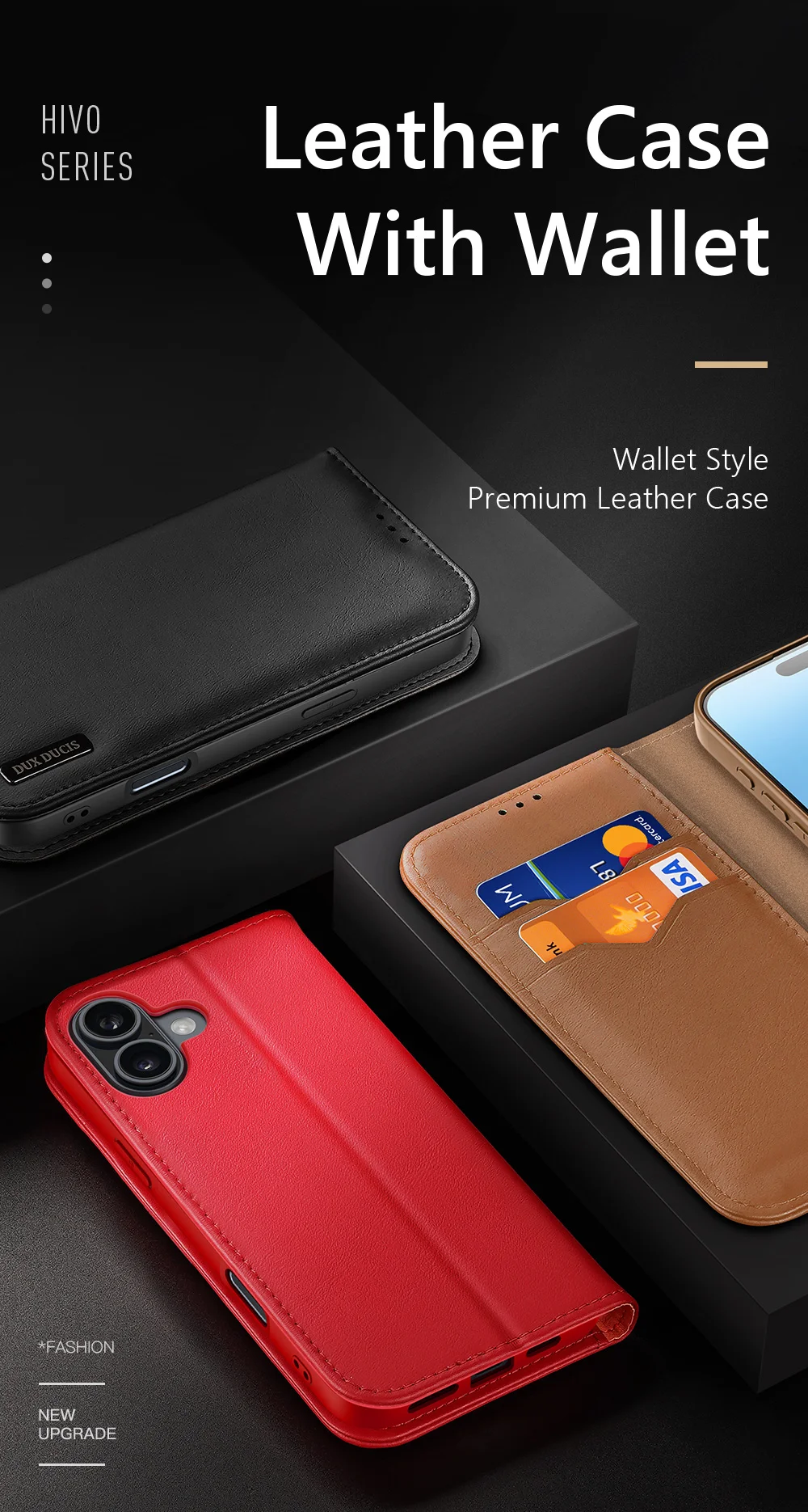 DUX DUCIS Hivo Series for iPhone 16 Case Cowhide Leather Wallet Stand Flip Phone Cover - Brown-Cellmalls