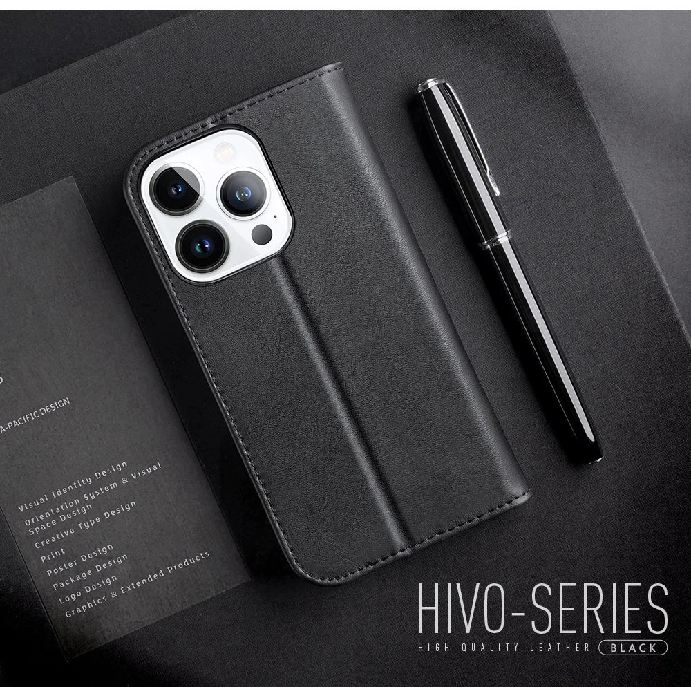 DUX DUCIS Hivo Series for iPhone 14 Pro Max Drop-proof Magnetic Closure Phone Case RFID Blocking Genuine Leather Folio Flip Wallet Cover Stand - Black-Cellmalls