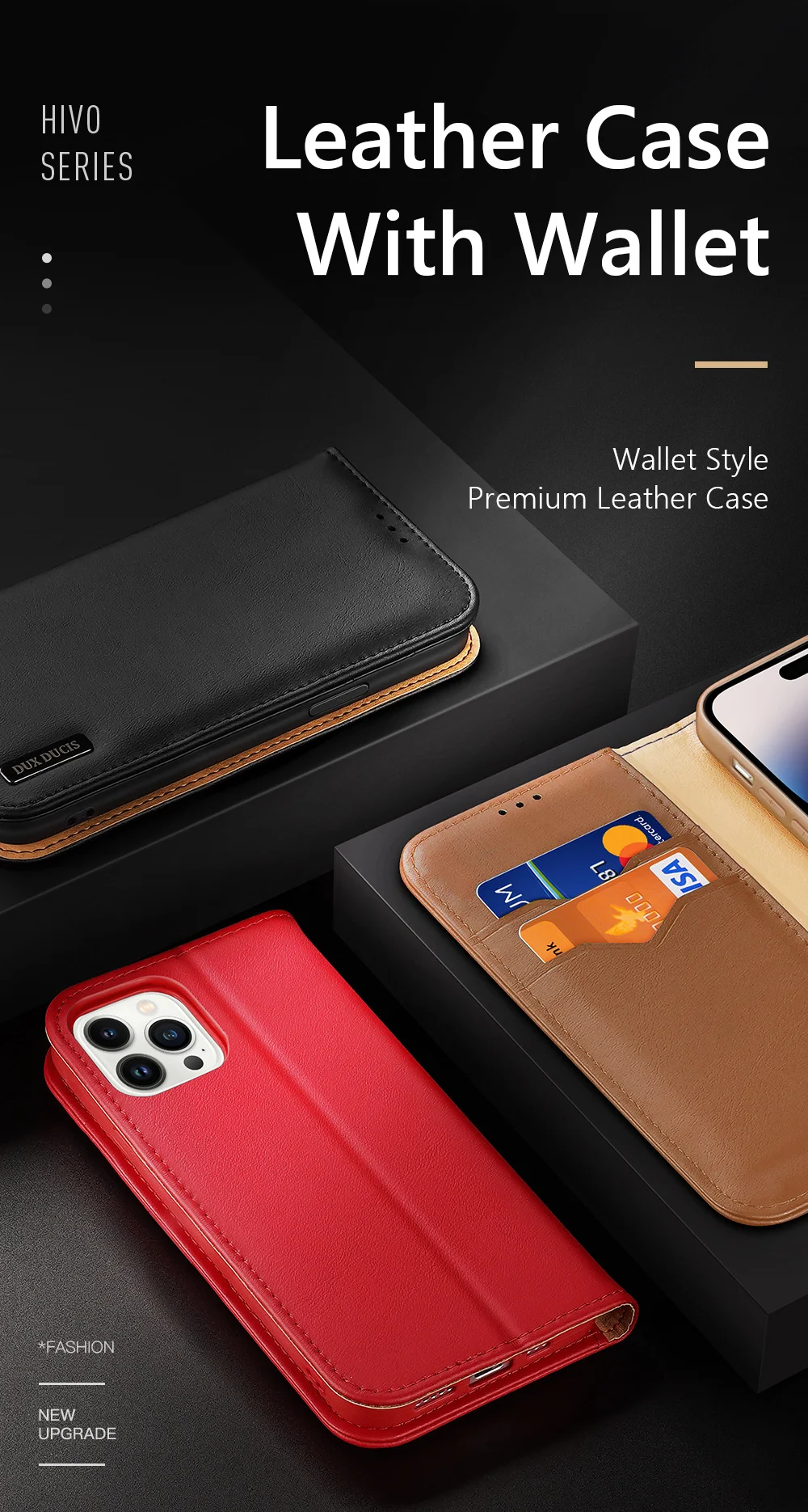DUX DUCIS Hivo Series for iPhone 15 Pro Max RFID Blocking Wallet Case Cowhide Leather Stand Phone Cover - Black-Cellmalls