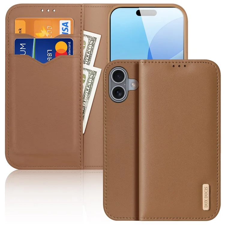 DUX DUCIS Hivo Series for iPhone 16 Case Cowhide Leather Wallet Stand Flip Phone Cover - Brown-Cellmalls