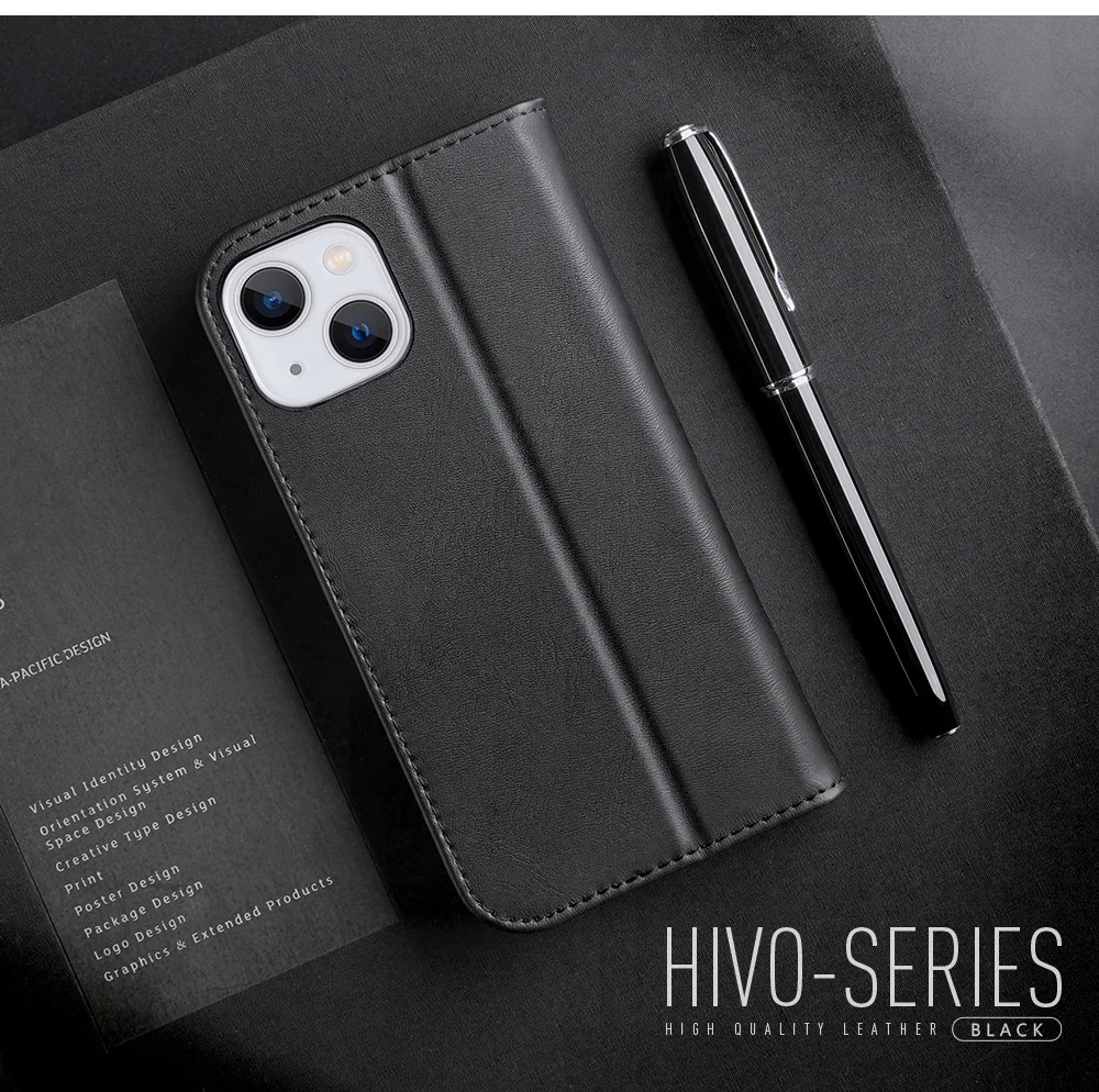 DUX DUCIS Hivo Series for iPhone 15 RFID Blocking Cowhide Leather Phone Case Stand Wallet Cover - Black-Cellmalls