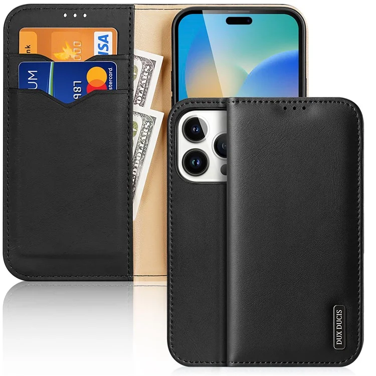 DUX DUCIS Hivo Series for iPhone 14 Pro Max Drop-proof Magnetic Closure Phone Case RFID Blocking Genuine Leather Folio Flip Wallet Cover Stand - Black-Cellmalls