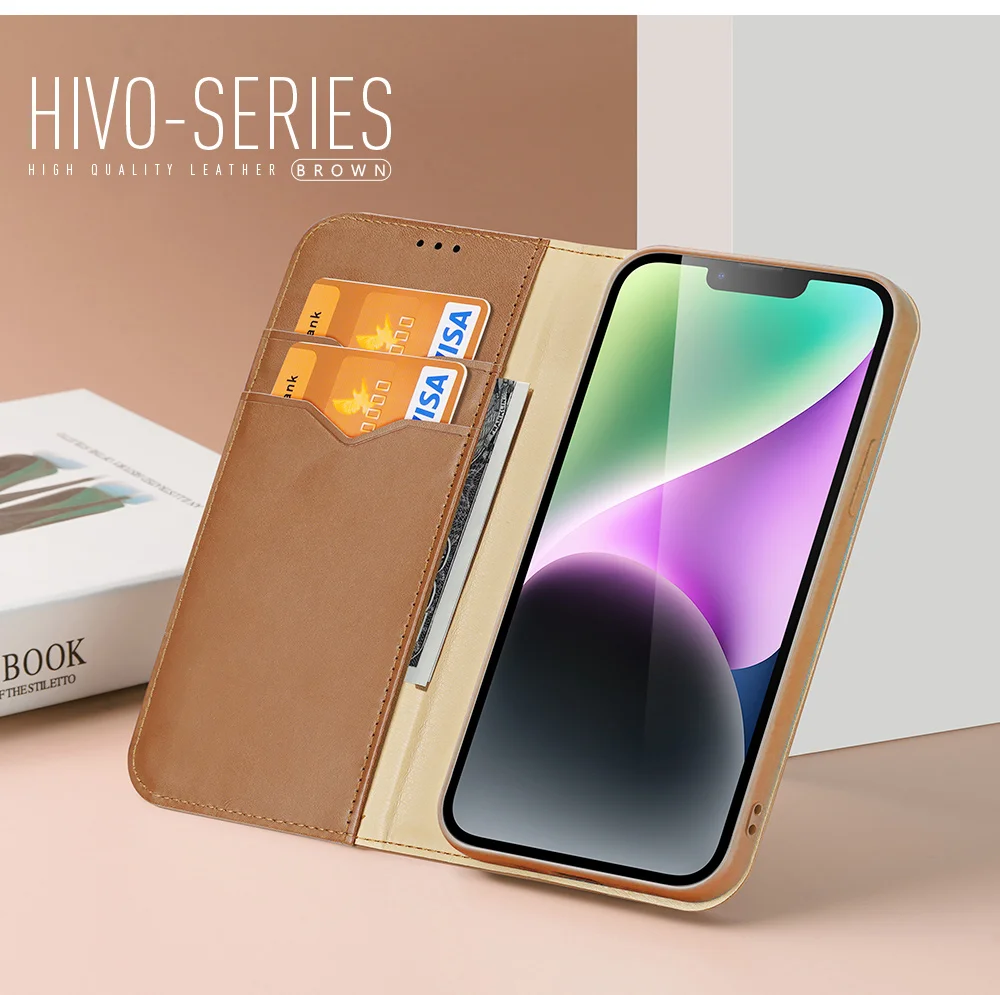 DUX DUCIS Hivo Series for iPhone 15 RFID Blocking Cowhide Leather Phone Case Stand Wallet Cover - Black-Cellmalls