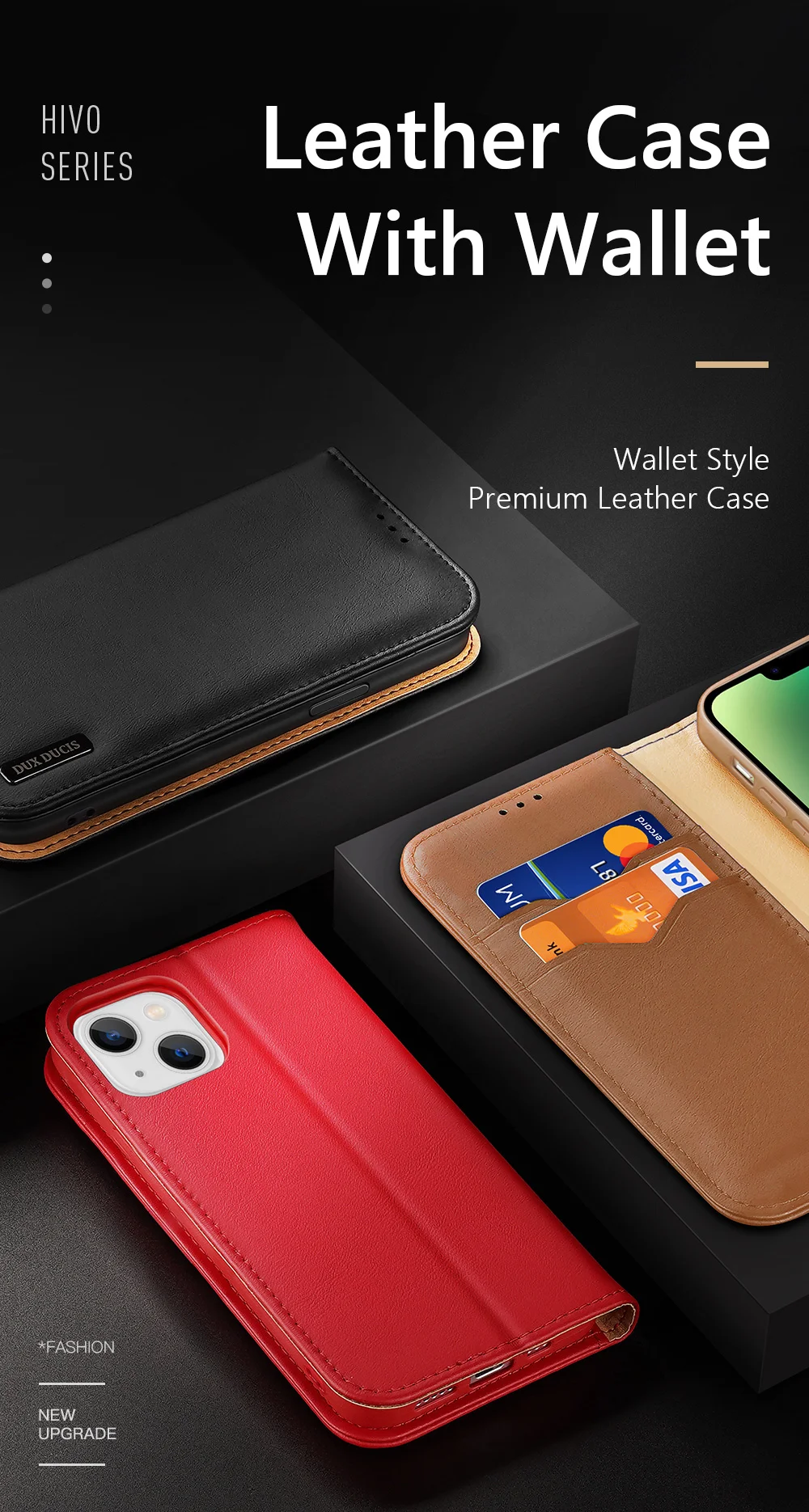 DUX DUCIS Hivo Series for iPhone 15 RFID Blocking Cowhide Leather Phone Case Stand Wallet Cover - Black-Cellmalls