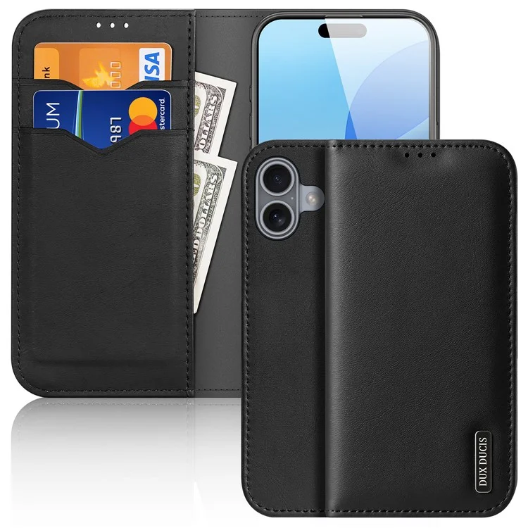 DUX DUCIS Hivo Series for iPhone 16 Plus Wallet Case Cowhide Leather Flip Phone Cover - Black-Cellmalls
