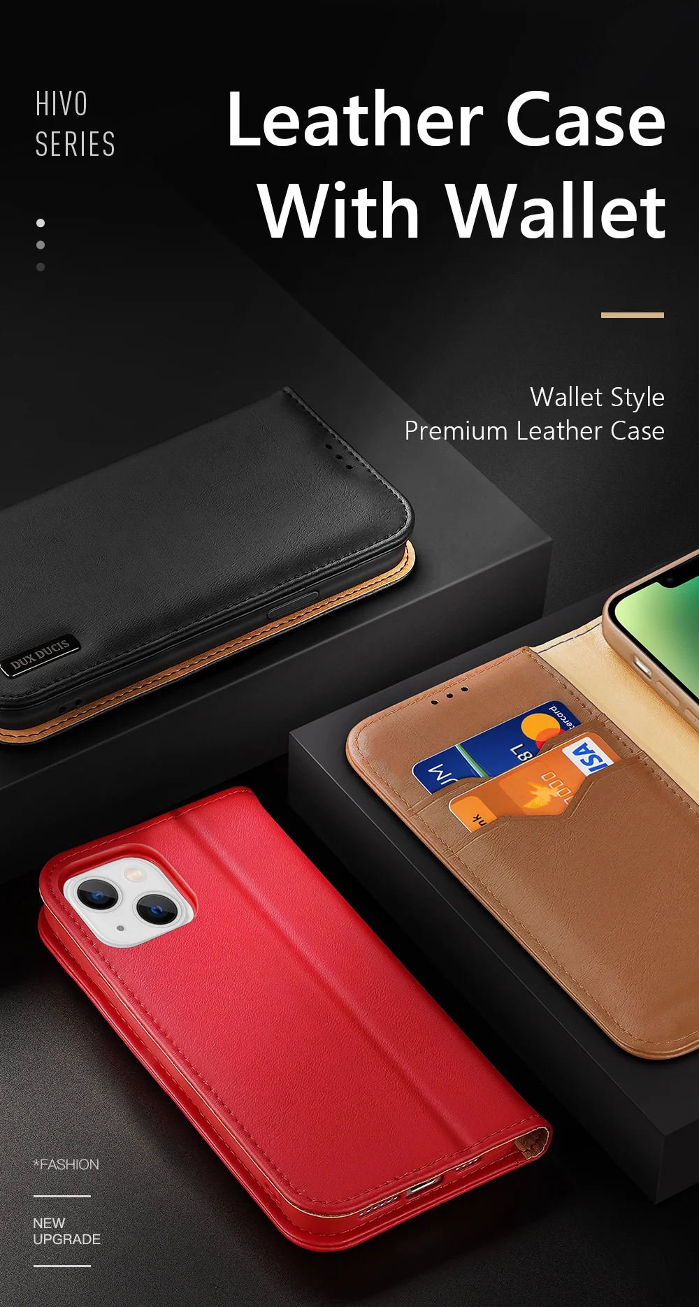 DUX DUCIS Hivo Series for iPhone 15 Plus Cowhide Leather RFID Blocking Wallet Case Cell Phone Stand Cover - Black-Cellmalls