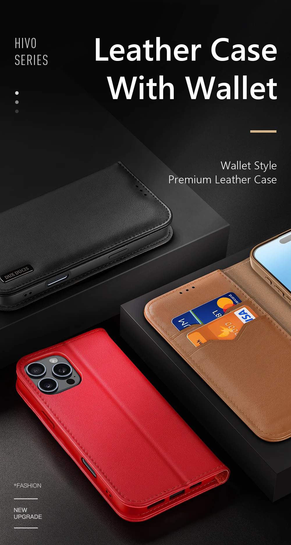 DUX DUCIS Hivo Series for iPhone 16 Pro Case Cowhide Leather Wallet Phone Cover Stand View - Brown-Cellmalls