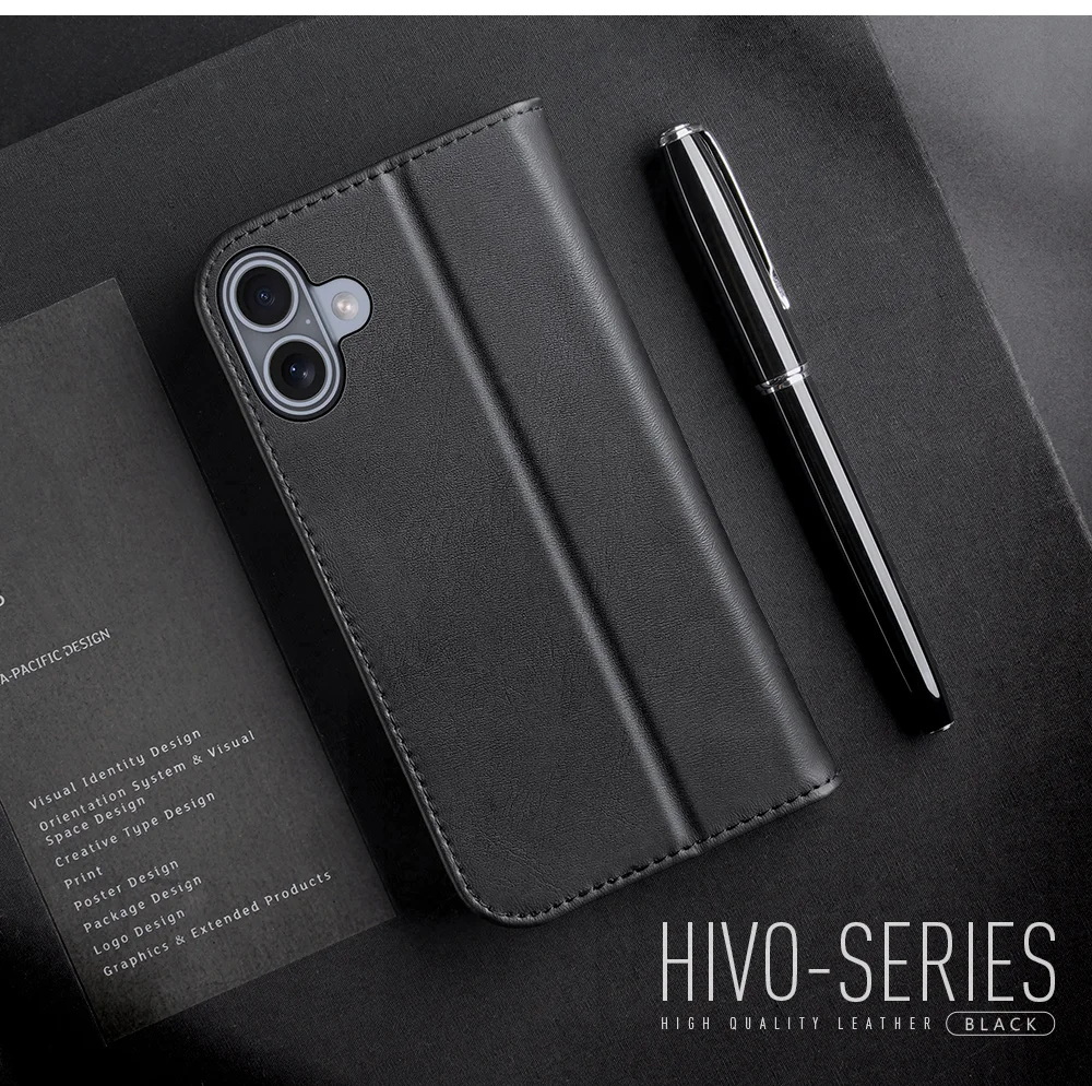 DUX DUCIS Hivo Series for iPhone 16 Plus Wallet Case Cowhide Leather Flip Phone Cover - Black-Cellmalls