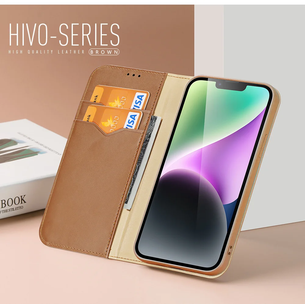 DUX DUCIS Hivo Series for iPhone 15 Plus Cowhide Leather RFID Blocking Wallet Case Cell Phone Stand Cover - Black-Cellmalls