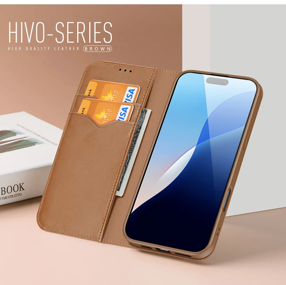 DUX DUCIS Hivo Series for iPhone 16 Pro Max Case Cowhide Leather RFID Blocking Wallet Cover - Black-Cellmalls