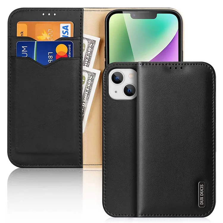 DUX DUCIS Hivo Series for iPhone 15 Plus Cowhide Leather RFID Blocking Wallet Case Cell Phone Stand Cover - Black-Cellmalls