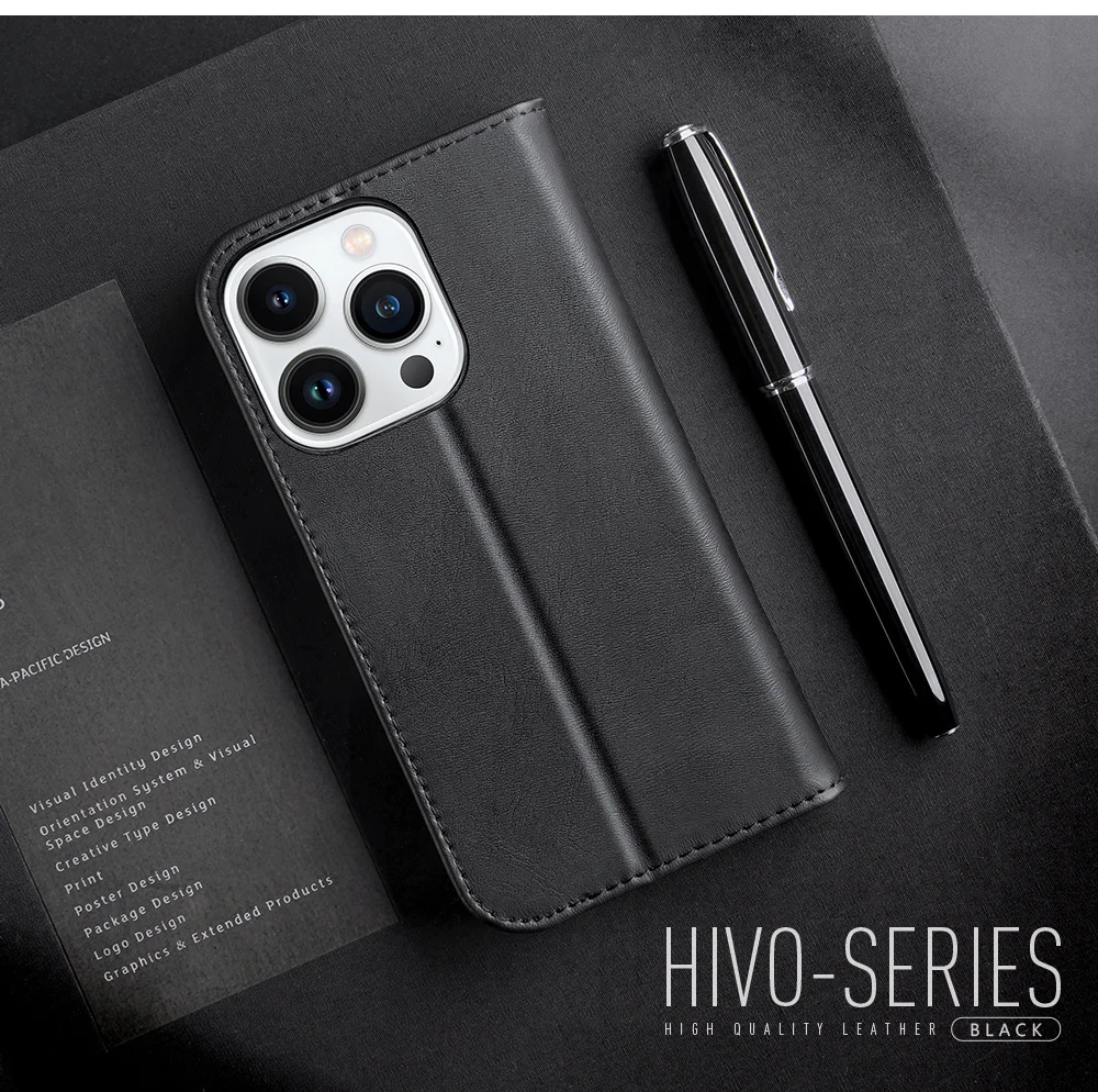 DUX DUCIS Hivo Series for iPhone 15 Pro Cowhide Leather Stand Phone Case RFID Blocking Wallet Phone Cover - Black-Cellmalls