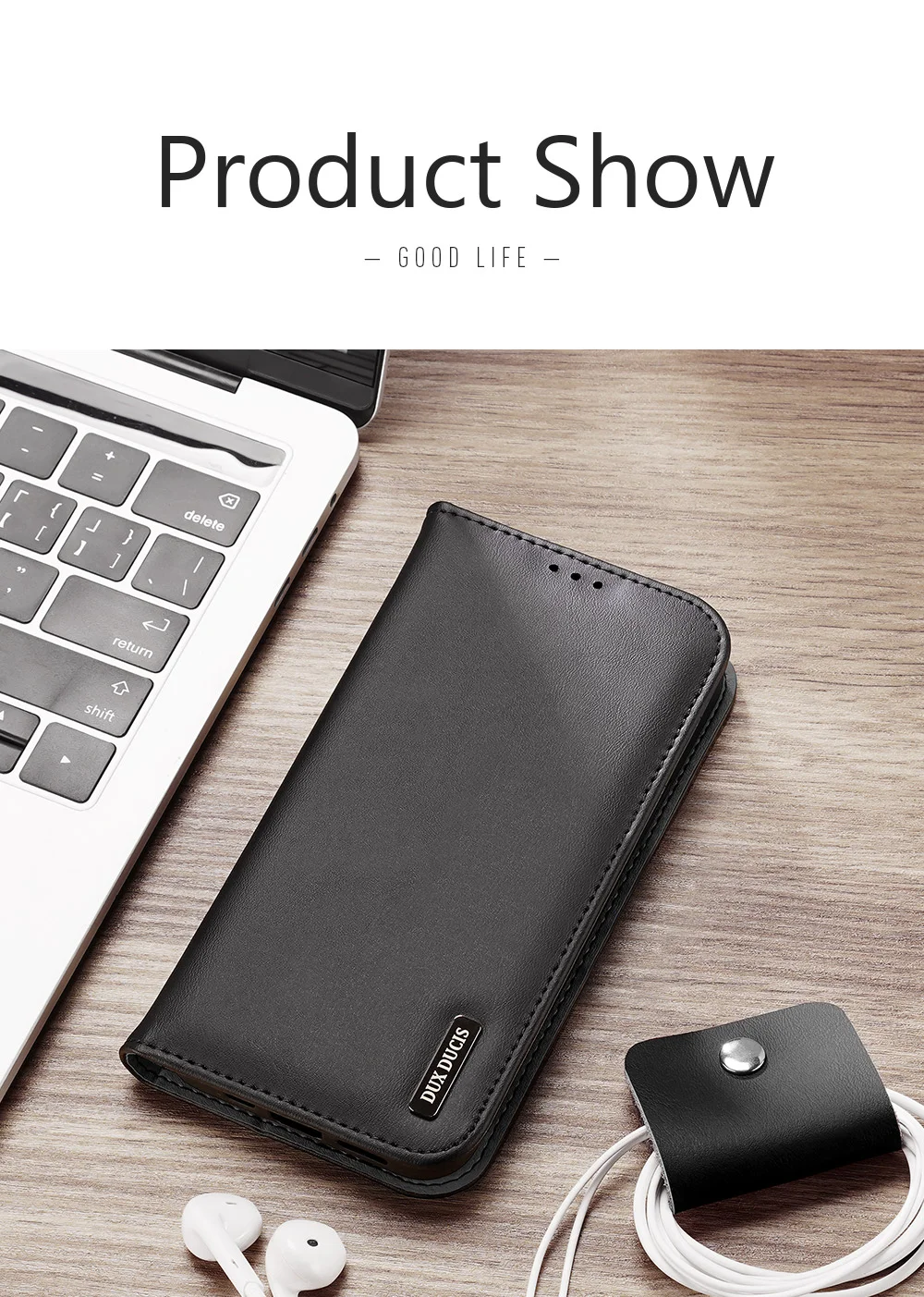 DUX DUCIS Hivo Series for iPhone 16 Pro Max Case Cowhide Leather RFID Blocking Wallet Cover - Black-Cellmalls