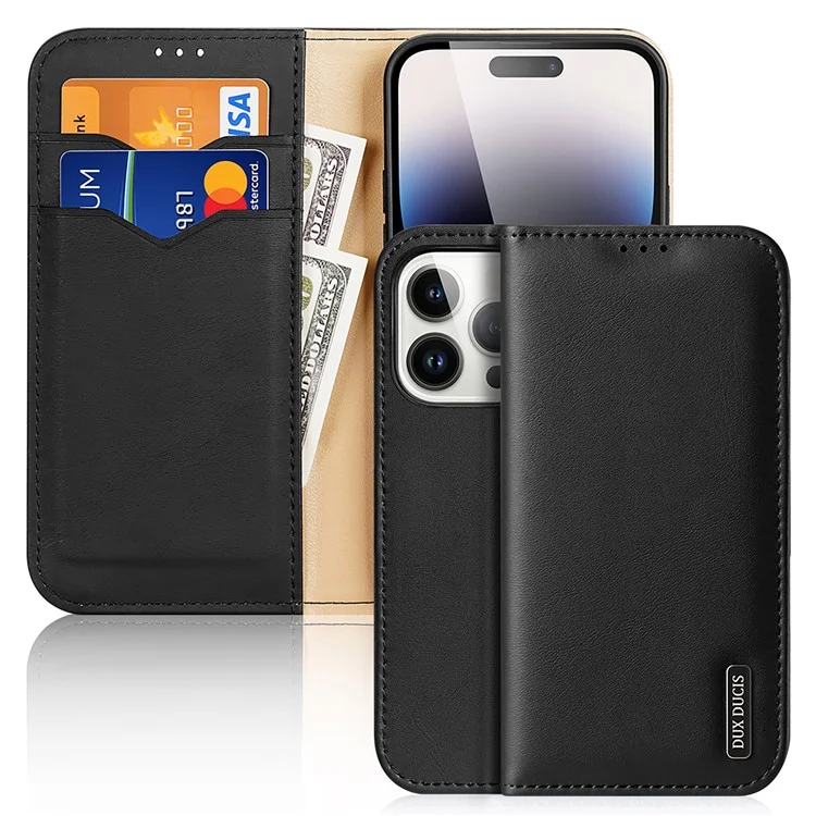DUX DUCIS Hivo Series for iPhone 15 Pro Cowhide Leather Stand Phone Case RFID Blocking Wallet Phone Cover - Black-Cellmalls