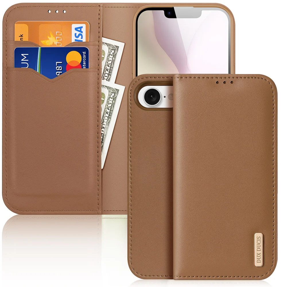 For iPhone 16e Case DUX DUCIS Hivo Series Cowhide Leather RFID Blocking Wallet Stand Flip Phone Cover - Black-Cellmalls