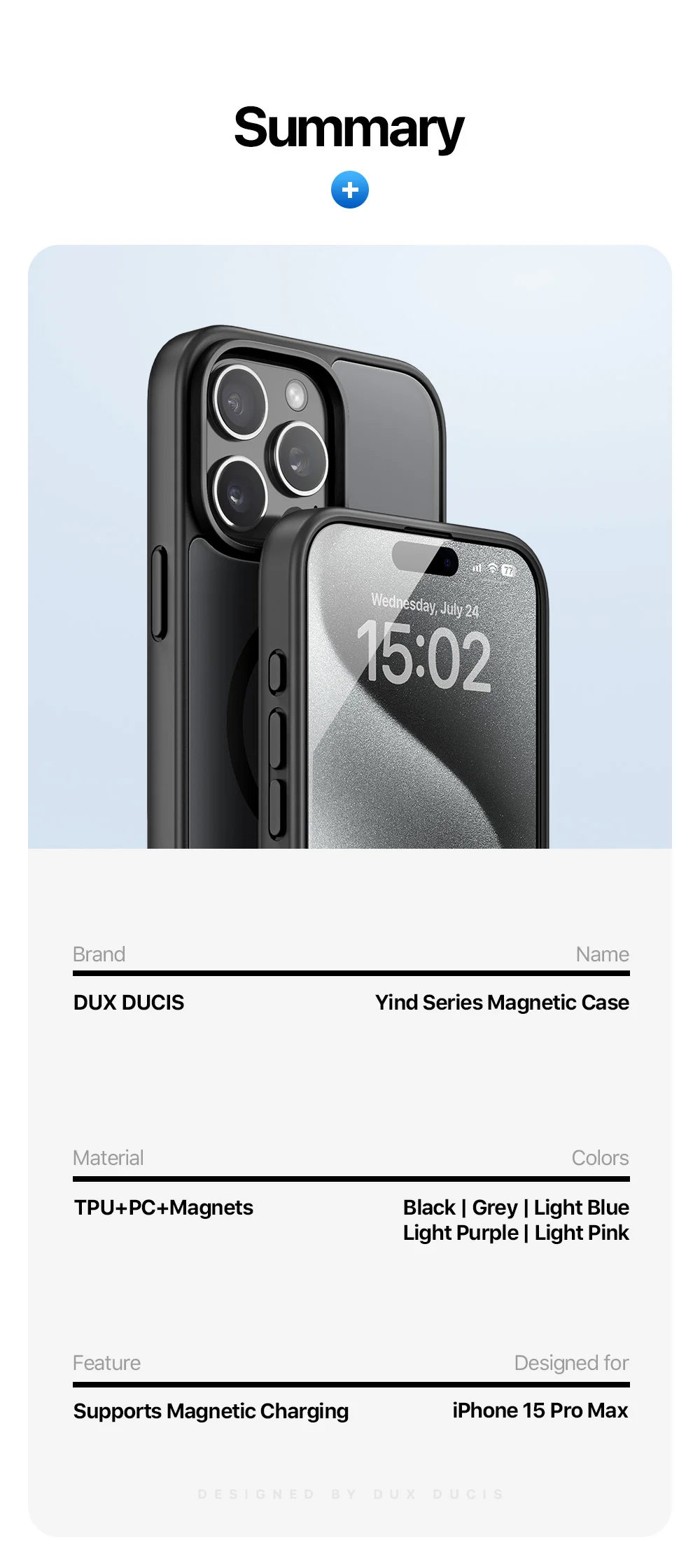 DUX DUCIS Yind Series For iPhone 15 Pro Max Matte Case Compatible with MagSafe PC+TPU Phone Cover - Black-Cellmalls