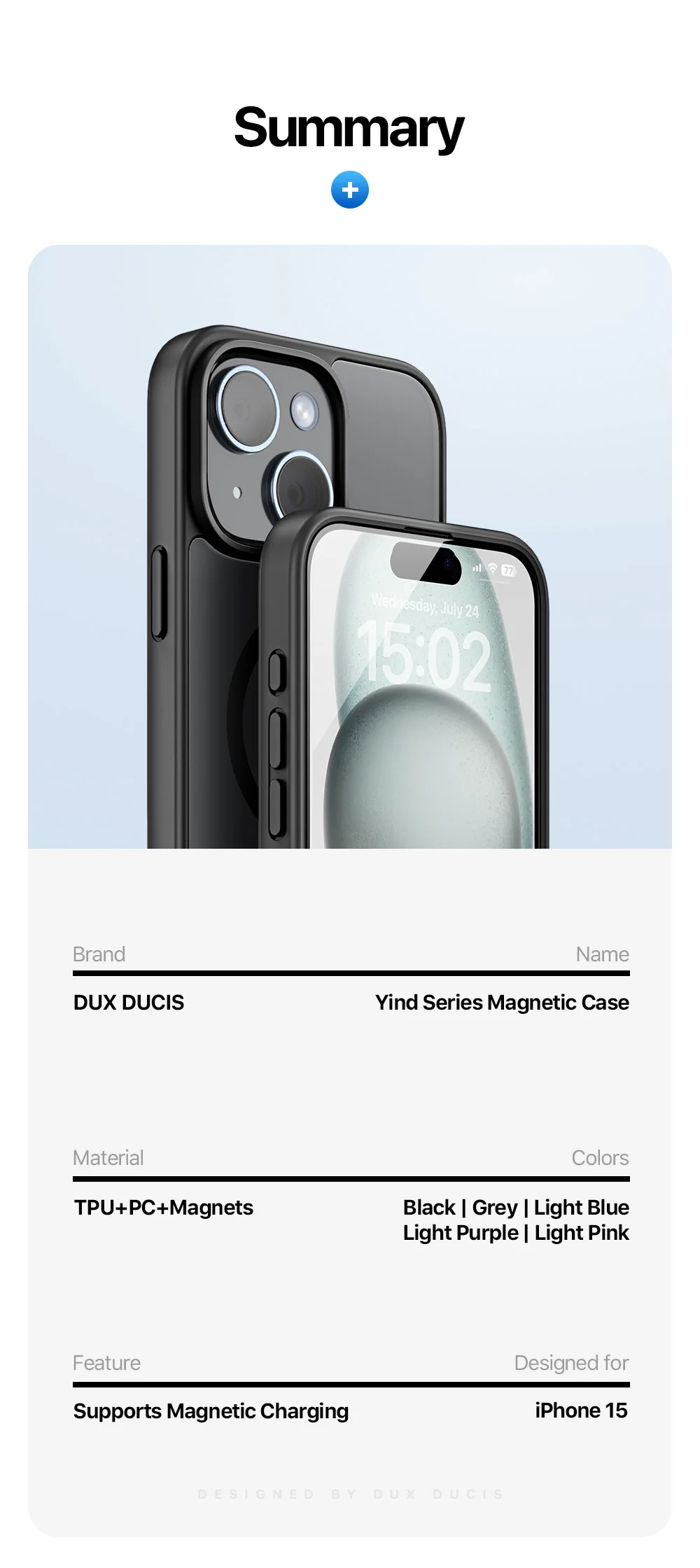 DUX DUCIS Yind Series For iPhone 15 Matte Case Compatible with MagSafe PC+TPU Phone Cover - Black-Cellmalls