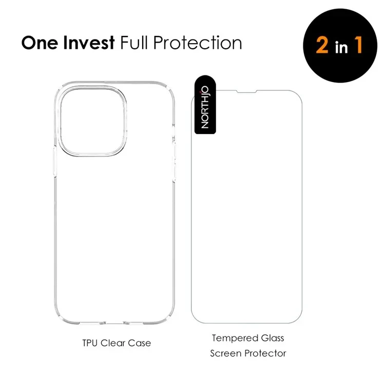 NORTHJO 2 in 1 Anti-Drop Phone Case + Tempered Glass Screen Protector for iPhone 14 Pro Ultra Clear TPU Shockproof Cover-Cellmalls