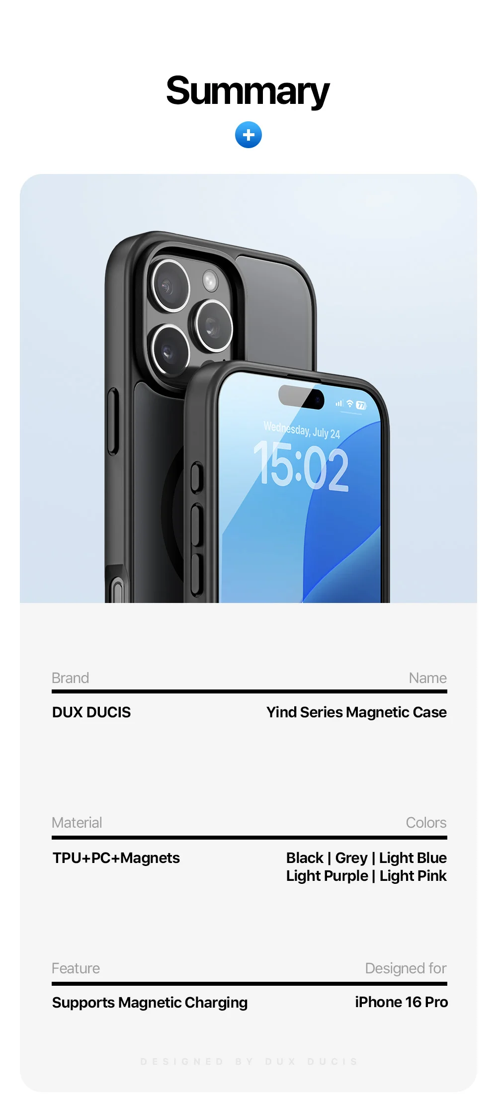 DUX DUCIS Yind Series For iPhone 16 Pro Magnetic Case Airbag Corners PC+TPU Matte Phone Cover - Black-Cellmalls