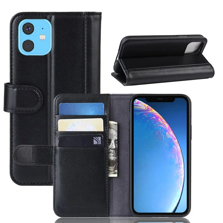 For iPhone 11 Phone Cases Genuine Split Leather Wallet Mobile Cover Stand - Black-Cellmalls