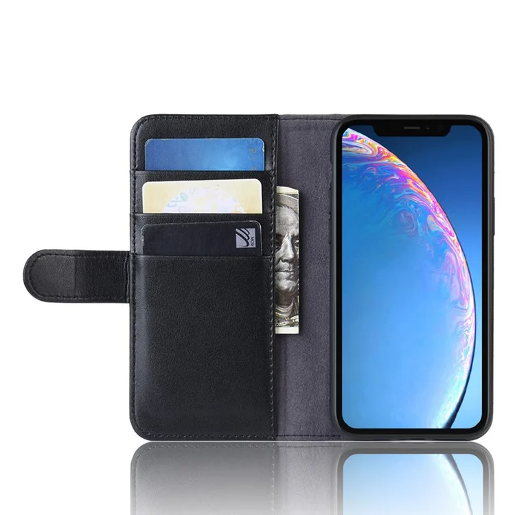 For iPhone 11 Phone Cases Genuine Split Leather Wallet Mobile Cover Stand - Black-Cellmalls
