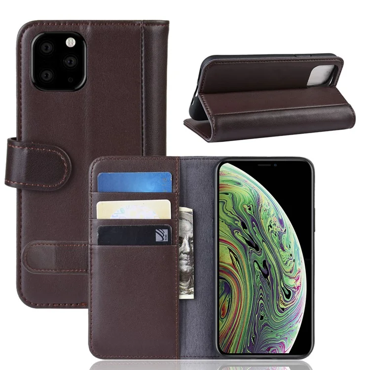 For iPhone 11 Pro Phone Cases Genuine Split Leather Wallet Mobile Cover Stand - Black-Cellmalls