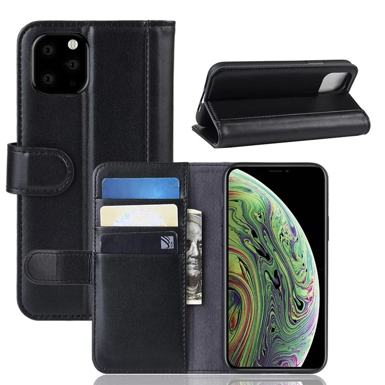 For iPhone 11 Pro Phone Cases Genuine Split Leather Wallet Mobile Cover Stand - Black-Cellmalls