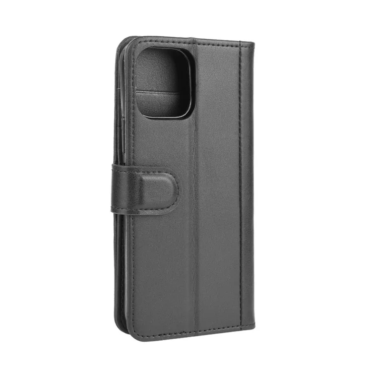 For iPhone 12 Phone Cases Genuine Split Leather Wallet Mobile Cover Stand - Black-Cellmalls