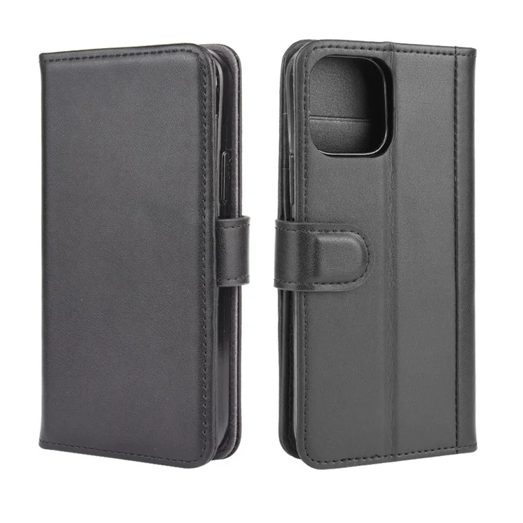 For iPhone 12 Phone Cases Genuine Split Leather Wallet Mobile Cover Stand - Black-Cellmalls