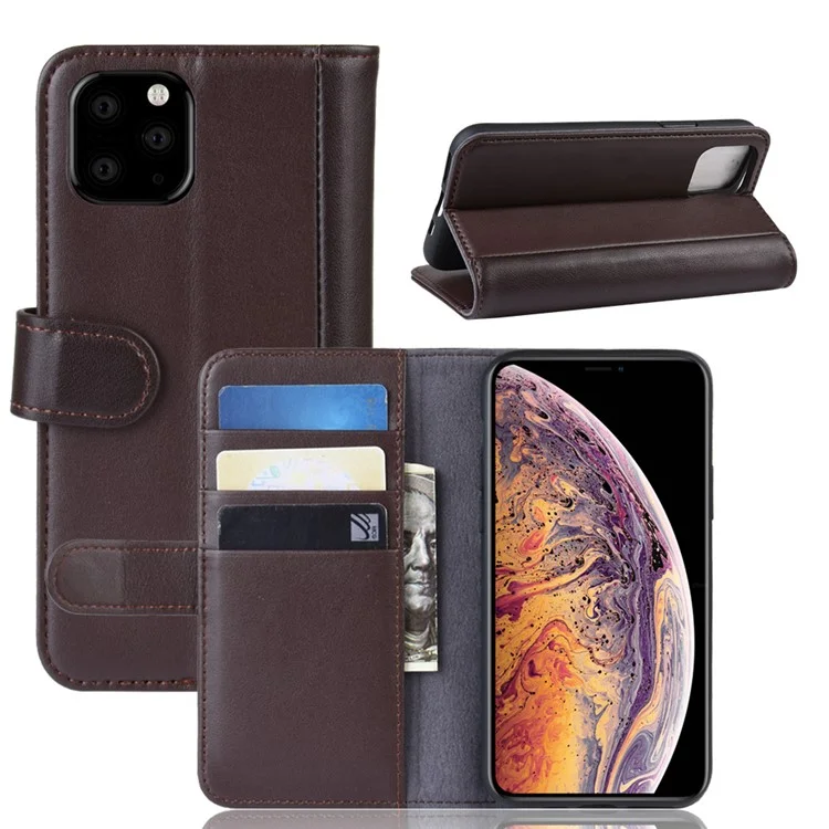 For iPhone 11 Pro Max Phone Cases Genuine Split Leather Wallet Mobile Cover Stand - Black-Cellmalls