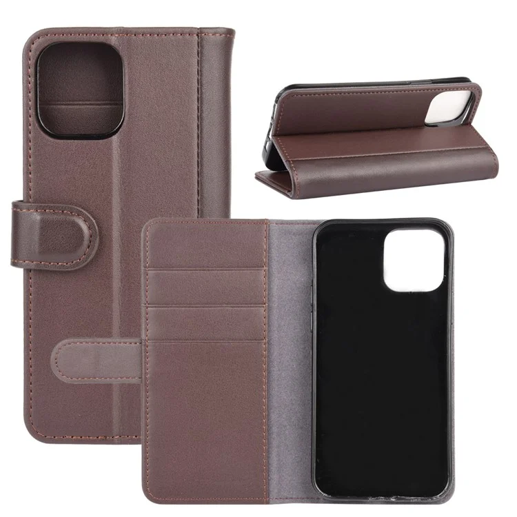 For iPhone 12 Pro Max Phone Cases Genuine Split Leather Wallet Mobile Cover Stand - Black-Cellmalls